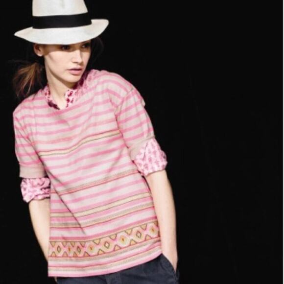 J. Crew Neon Pink Stitchwork Stripe top Embroidery 100% Cotton Size Medium - Picture 9 of 9